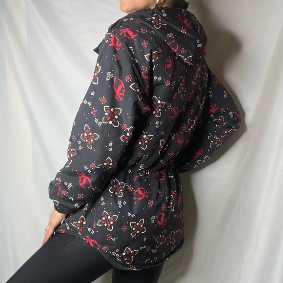 LL Bean Ski pullover anorak jacket shell coat snowflake‎ skiier boho black red S - Picture 3 of 17